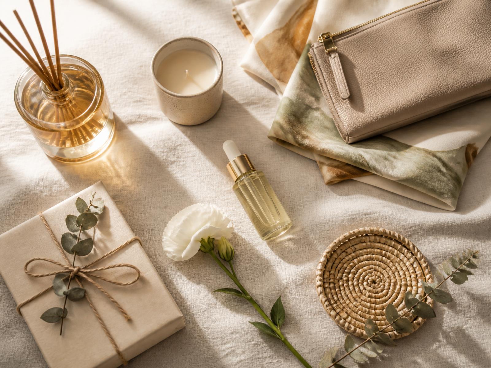 An artful flat lay of Aciré beauty, home fragrance, accessories and gift products on cream linen